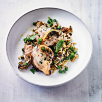 Lemon roast chicken  with minted pea orzo