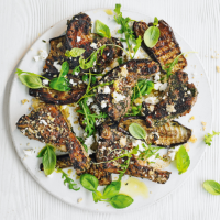 Lamb chops with feta and chargrilled aubergine