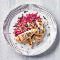 Marinated chicken with shredded carrot & beet salad
