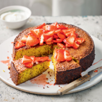 Orange pistachio cake with crushed black pepper strawberry compote