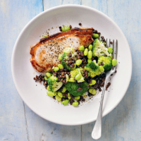 Pork with lentil, soya bean & broccoli salad