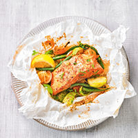 Roast salmon & Brussels sprout parcels