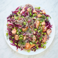 Red cabbage, edamame and salmon soba noodle salad