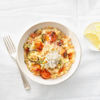 Roasted tomato risotto with courgette and lemon 