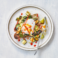 Roasted courgettes & poached eggs on toast