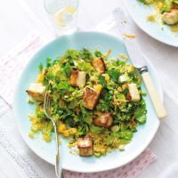 Stir-fried spring green couscous with halloumi
