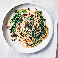 Spaghetti with greens, capers, anchovies & lemon dressing