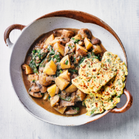 Spinach & mushroom curry with chickpea flatbreads