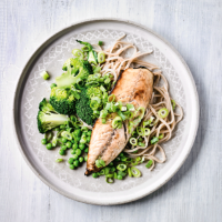 Soya-mirin mackerel with broccoli & edamame noodles