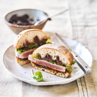 Elly's tuna steak ciabatta sandwich with caramelised onion & black olive tapenade