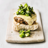 Turkey & cheese open burgers with mint salsa