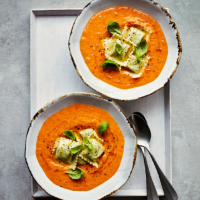 Vegan tomato soup with spinach ravioli