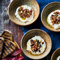 Whipped lemon ricotta dip with black olive, sun-dried tomato and pine nut salsa