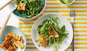 Pea, spinach and filo salad with avocado dressing