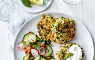 prawn, pea & rice fritters with Asian-style salad