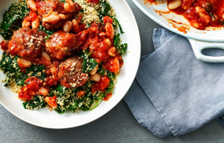 veal meatballs in cannellini and tomato sauce with couscous