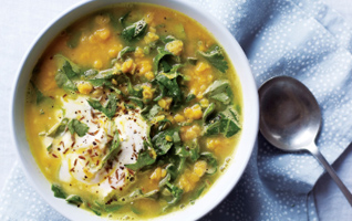 Spiced red lentil, turmeric and spring greens soup 