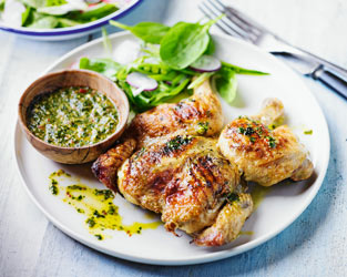 Spatchcock poussin with Asian pesto
