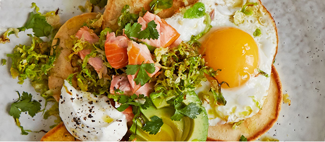 Scotch cakes with hot-smoked salmon, crispy sprouts, avocado and egg