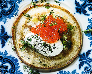 Buckwheat blinis with soured cream & caviar