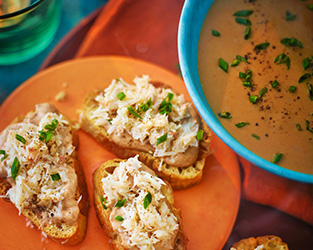 Crab & rouille crostini with fish soup