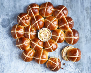 Edd Kimber's fig and cranberry hot cross buns with maple bacon butter