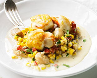 Brian Turner’s seared scallops on a bed of succotash