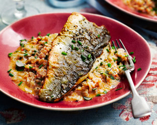 Mark Sargeant’s sea bass with creamed crab and chilli spelt