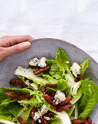 Dolce verde lettuce with hot bacon dressing, chives and crumbled stilton recipe