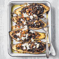 Aubergines stuffed with red chilli pesto & lentils 