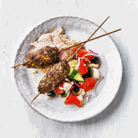 Beef & courgette koftas with hot feta salad
