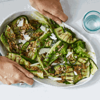 Charred lettuce and courgette salad with toasted sunflower seed dressing