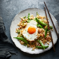 Cheat's XO fried rice with fried eggs