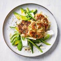 Crab cakes with crunchy chicory & avocado salad