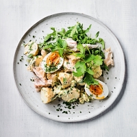 Curried potato salad with soft-boiled eggs & smoked mackerel