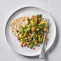 Harissa chickpeas, courgettes, preserved lemon & parsley