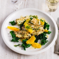 Pan-fried plaice with kale, orange and dill salad