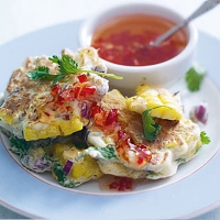 Sweetcorn and red onion pancakes with sweet chilli dipping sauce