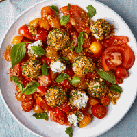 Tomato salad with summer herb labneh and dukkah