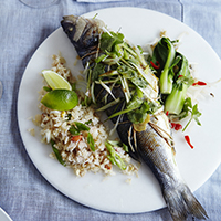 Whole steamed sea bass with crab fried rice