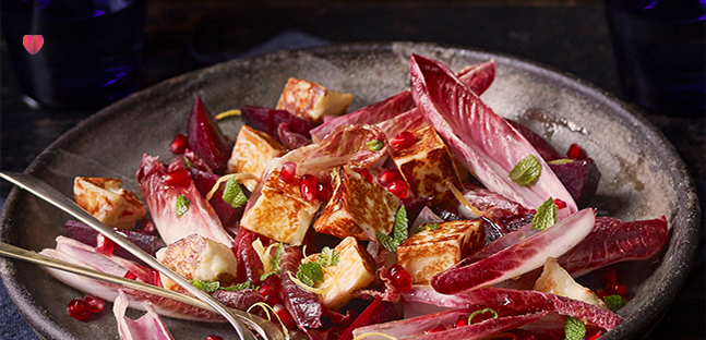 Pomegranate, beetroot, red chicory, mint and halloumi salad