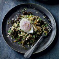 Black pudding kedgeree with poached eggs