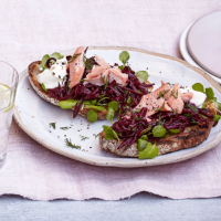 Buttered beetroot, trout and horseradish toasts 