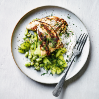 Butterflied chicken with broad bean, dill & cucumber salad