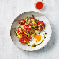 Courgette fritters roasted tomatoes & eggs