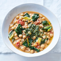 Chick peas with chard and pistachio pesto