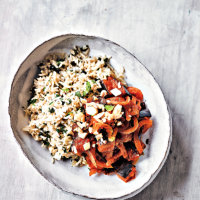 Coconut rice with aubergine & tomato curry