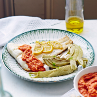 Cod with fennel and romesco sauce