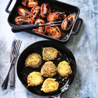 Diana Henry's corn cakes with chilli roast tomatoes & soured cream