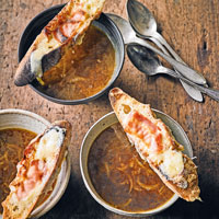 Martha's French onion soup with cheesy pancetta croutons